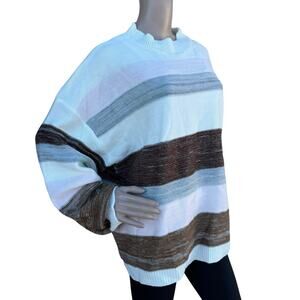 New ZOLUCKY Women Brown White Knitted Stripes Crew Neck Pullover Sweater 1X